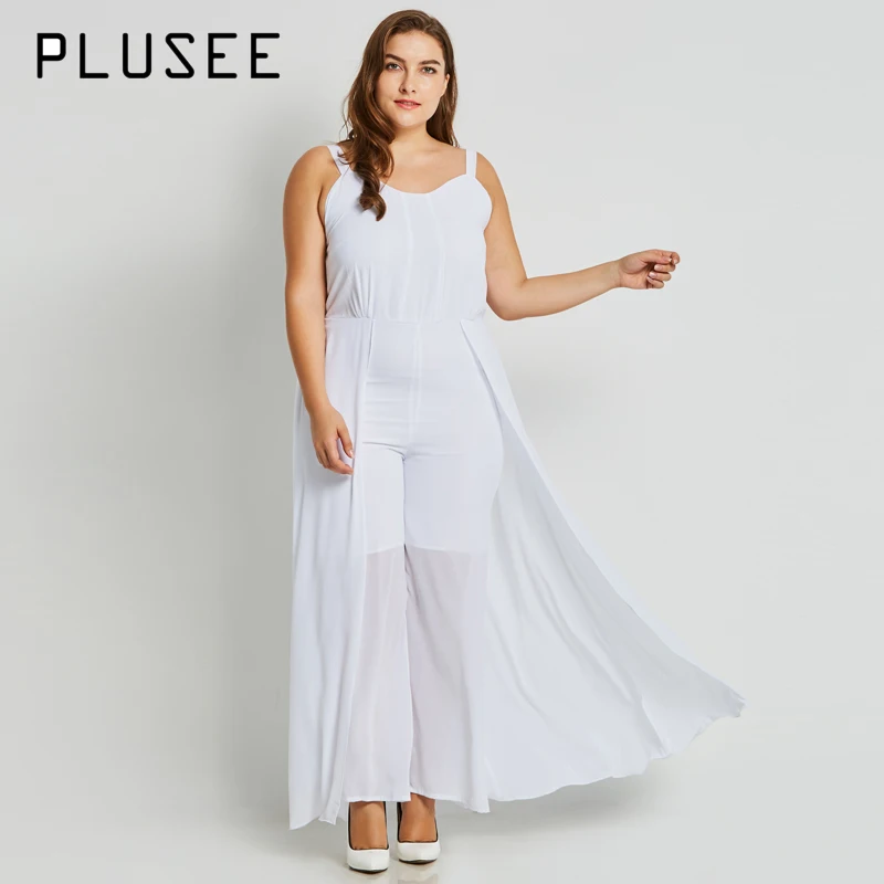 Женский комбинезон без рукавов на бретельках Plusee однотонный белый повседневный