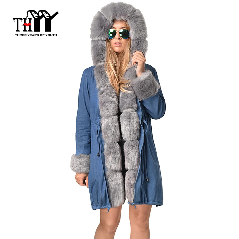 THYY 2018/19 зимняя куртка Для женщин джинсовая хлопок меха с капюшоном пальто
