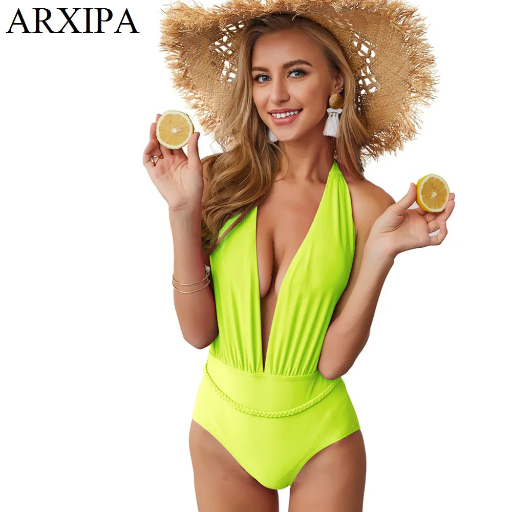 Женский купальник бикини ARXIPA неоново зеленый купальный костюм с глубоким v