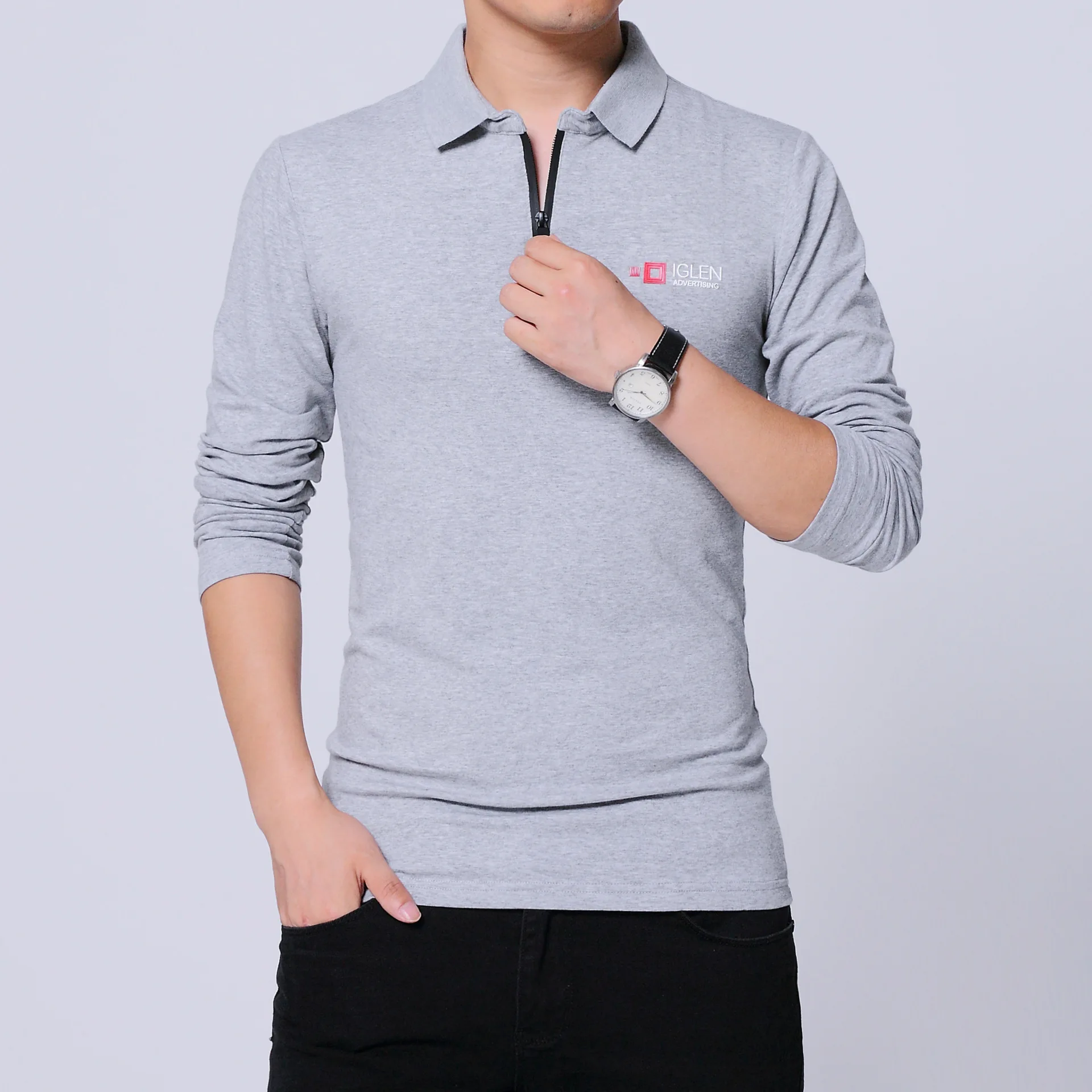 gray t-shirt BROWON, осенняя брендовая мужская футболка с длинным рукавом на молнии, Повседневная футболка с принтом, хлопковая облегающая футболка размера плюс, мужская одежда - Цвет: gray t-shirt