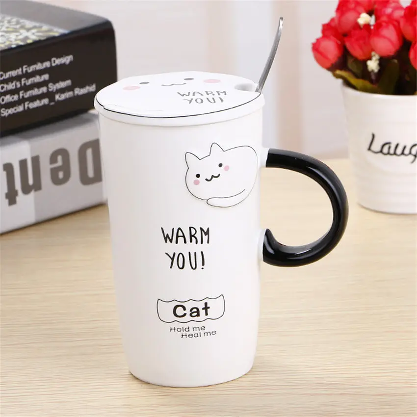 WARM YOU Cat Креативная керамическая кофейная чайная чашка с рисунком кота, термостойкая рельефная кружка с милым животным, молочная кружка, 450 мл, с ручкой, ложка, офисный подарок - Цвет: WARM YOU Cat