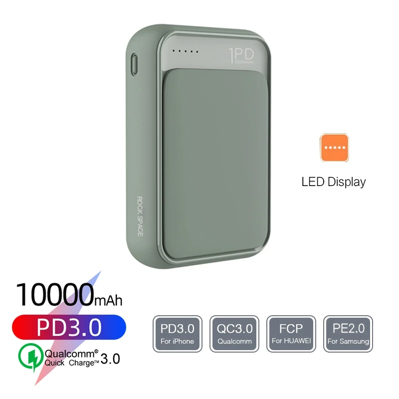 LED Point Green ROCK 18 Вт Тип C PD QC 3,0 внешний аккумулятор 10000 мАч внешний мини-аккумулятор светодиодный дисплей USB быстрая зарядка внешний аккумулятор для Xiaomi Mi - Цвет: LED Point Green
