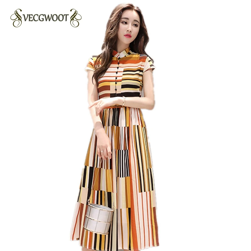 Модное женское платье летнее новое тонкое с коротким рукавом в полоску Vestido со