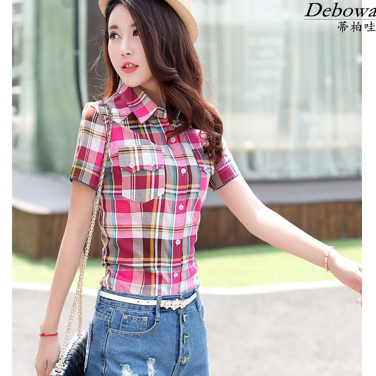 3XL плюс Размеры плед хлопковая блуза Для женщин Топы корректирующие 2016 Новинка