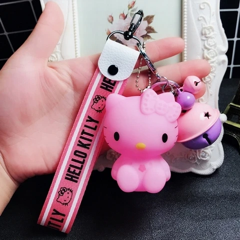 Милый мультяшный брелок hello kitty из кроличьего меха с помпонами и помпонами, брелок для женщин с кожаным ремешком и металлическим кольцом для ключей, брелок для автомобильных сумок D118