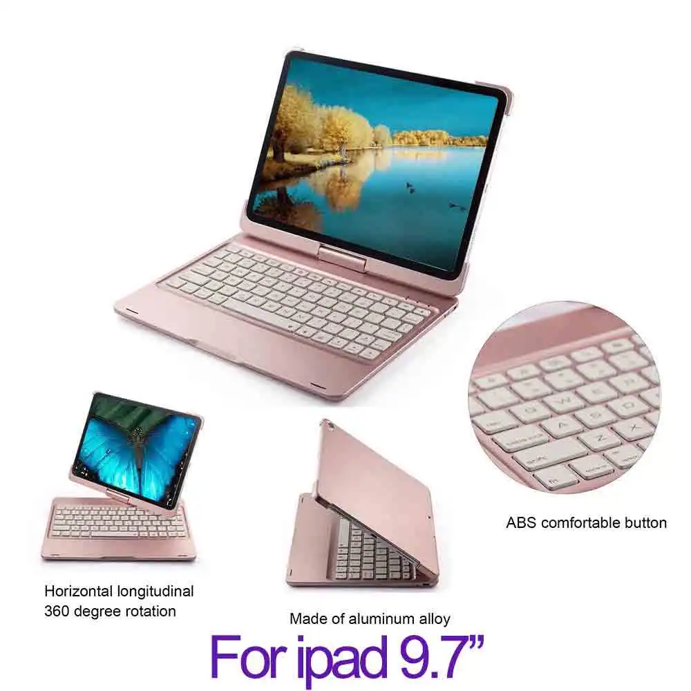 ipad 9.7 rose Чехол для iPad Pro 11 ’’ 10.5 ‘’ 9.7 ’’ 7 Цветная подсветка 360 Rotatio Крышка беспроводной клавиатуры Bluetooth Складная беспроводная клавиатура - Цвет: ipad 9.7 rose