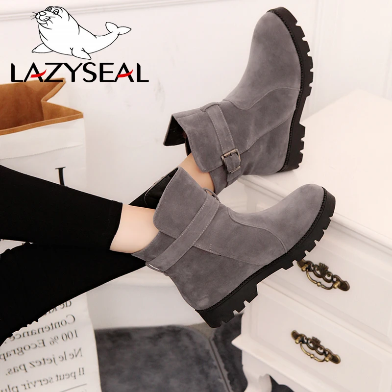 LazySeal женские ботильоны из нубука зимние ботинки с пряжкой плюшевой подкладкой