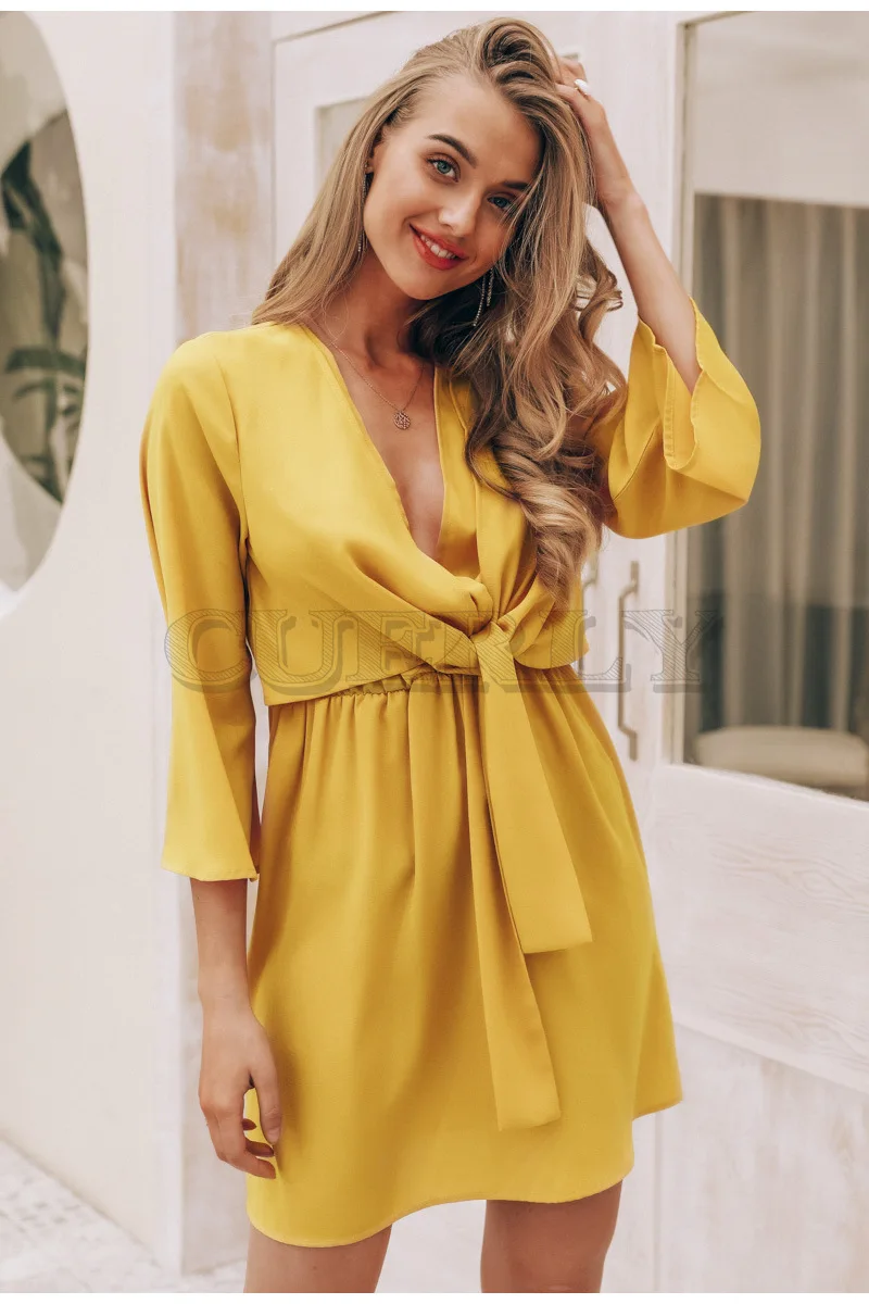 Cuerly Vintage long sleeve chiffon summer dress women Black bow office bandage dresses Sexy red female ladies short festa | Женская