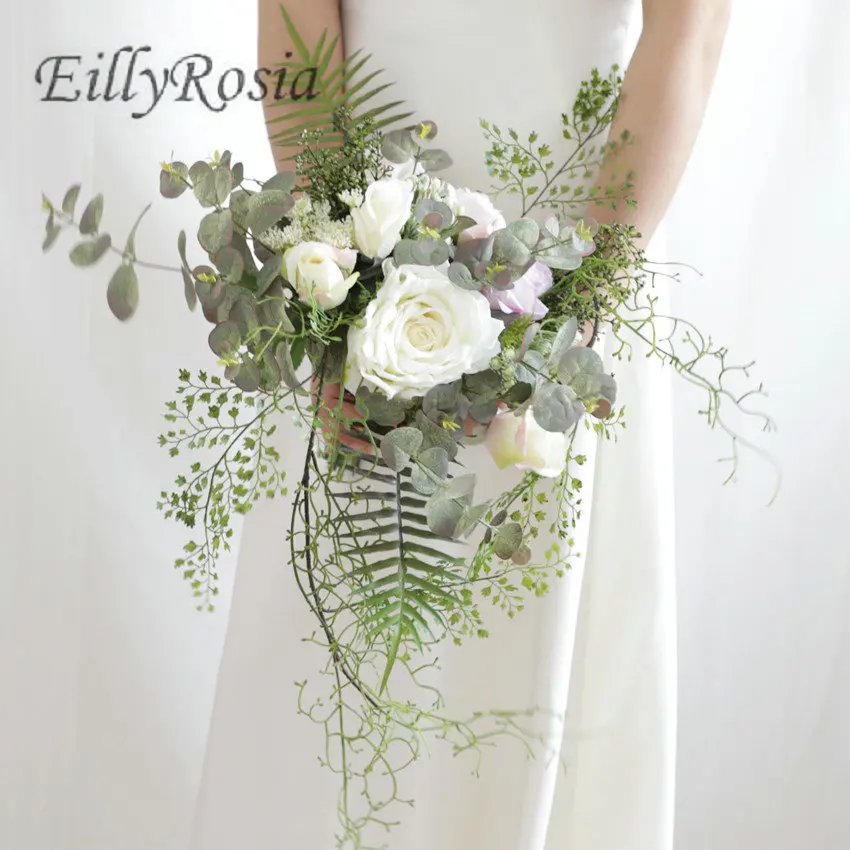 

New Western Style Wedding Bouquet de la mariee Bride Artificial Pink Roses Handmade Green leaf wedding flowers bridal bouquets