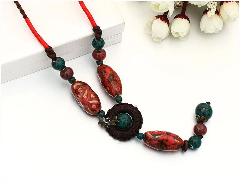Shineland Unique Vintage Ethnic Jewelry Women's Long Hand Made Rope Chain Irregular Ceramic Statement Necklace Collier Femme | Украшения
