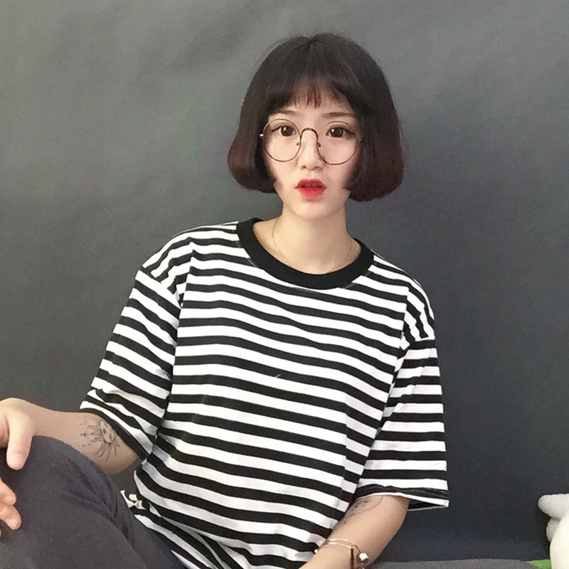 Женская Футболка Туника Kawaii Girl винтажная свободная полосатая Ins шикарная