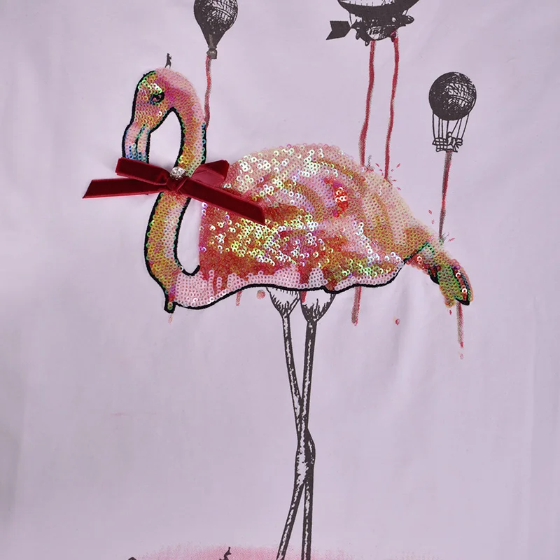 Модные футболки с коротким рукавом женские топ блестками и принтом журавлей