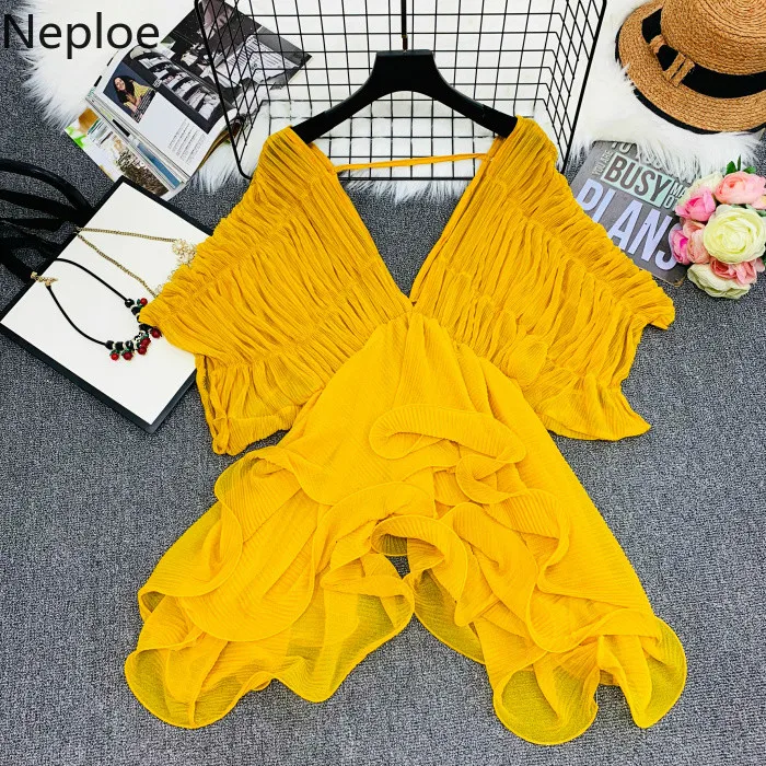 Neploe, Корейская шифоновая рубашка с v-образным вырезом, летняя Новинка, плиссированная блузка с рукавом «летучая мышь», Необычные оборки, Солнцезащитная рубашка, верхняя одежда 53195