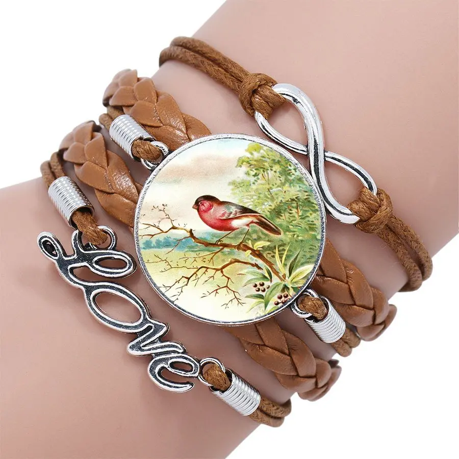 For Women Men Luxury Brand Jewelry Glass Cabochon Multilayer Black/Brown Leather Bracelet Bangle Green Purple Hummingbird | Украшения и