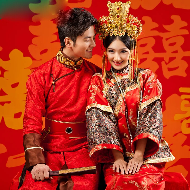 

Asian Photo studio Wedding theme couple Costume bride groom Qing Dynasty wedding Robe dress Manchu Traditional lover Clothing