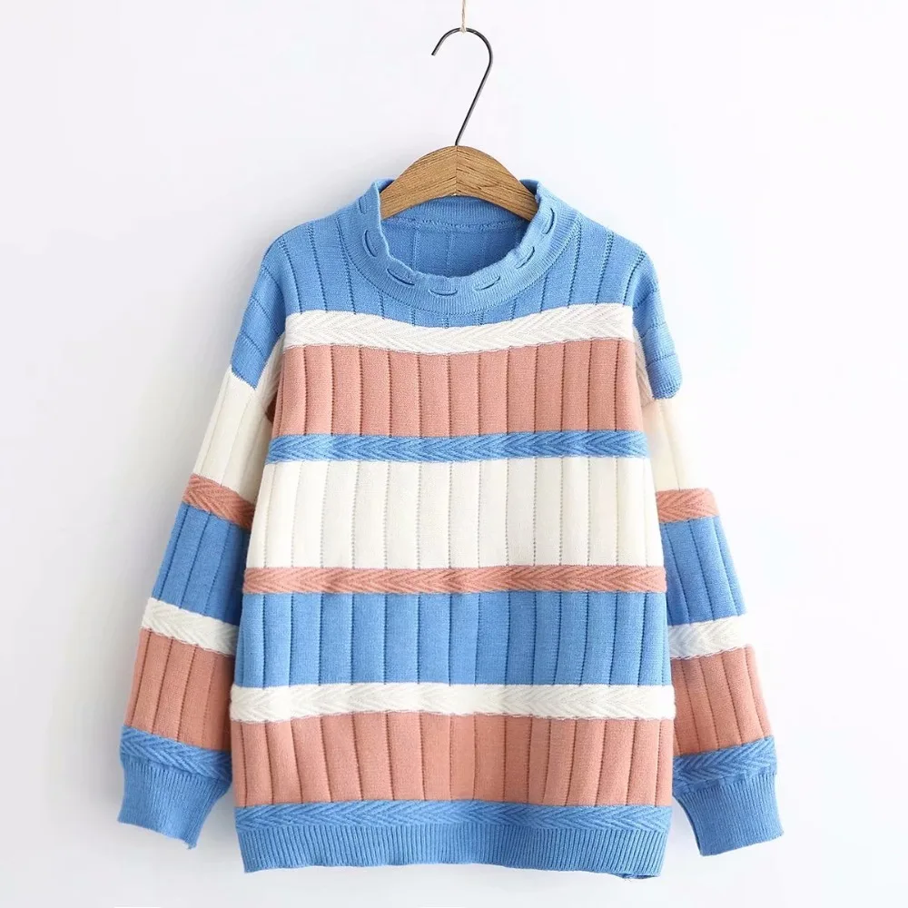 Casual loose mixed colors striped o-neck pullover sweater autumn winter 2018 mori girl | Женская одежда