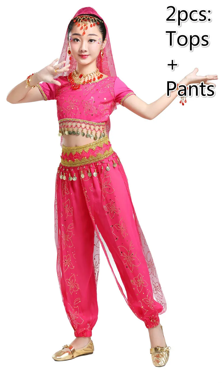 2pcs rose red Детские восточные костюмы для танца живота, одежда для соревнований, детская одежда для индийских танцев, одежда для выступлений, танцевальная одежда Болливуда, 3 цвета - Цвет: 2pcs rose red