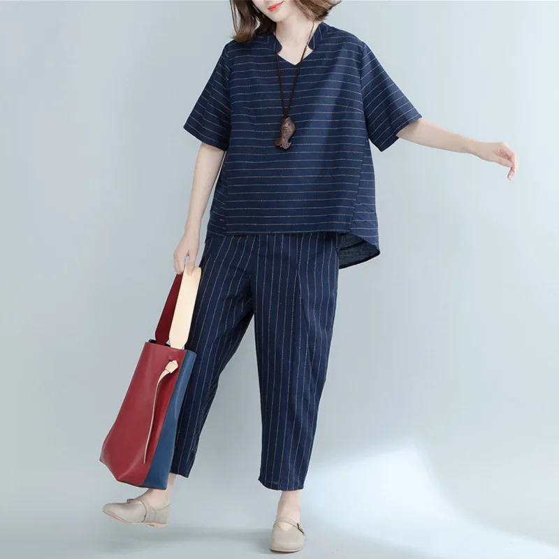 2018 Summer cotton-blend striped women's suits plus XL 2XL size cotton T-shirt and ankle-length pants summer set | Женская одежда