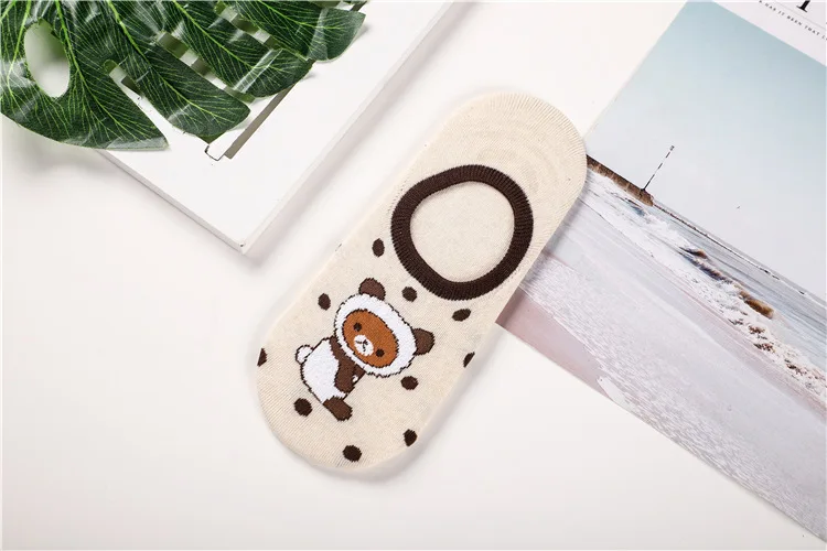 Мультфильм Rilakkuma принт Носки с милым медведем, Забавный Новинка Невидимый женские весенние, летние носки впитывают пот Нескользящие коттоновые носки