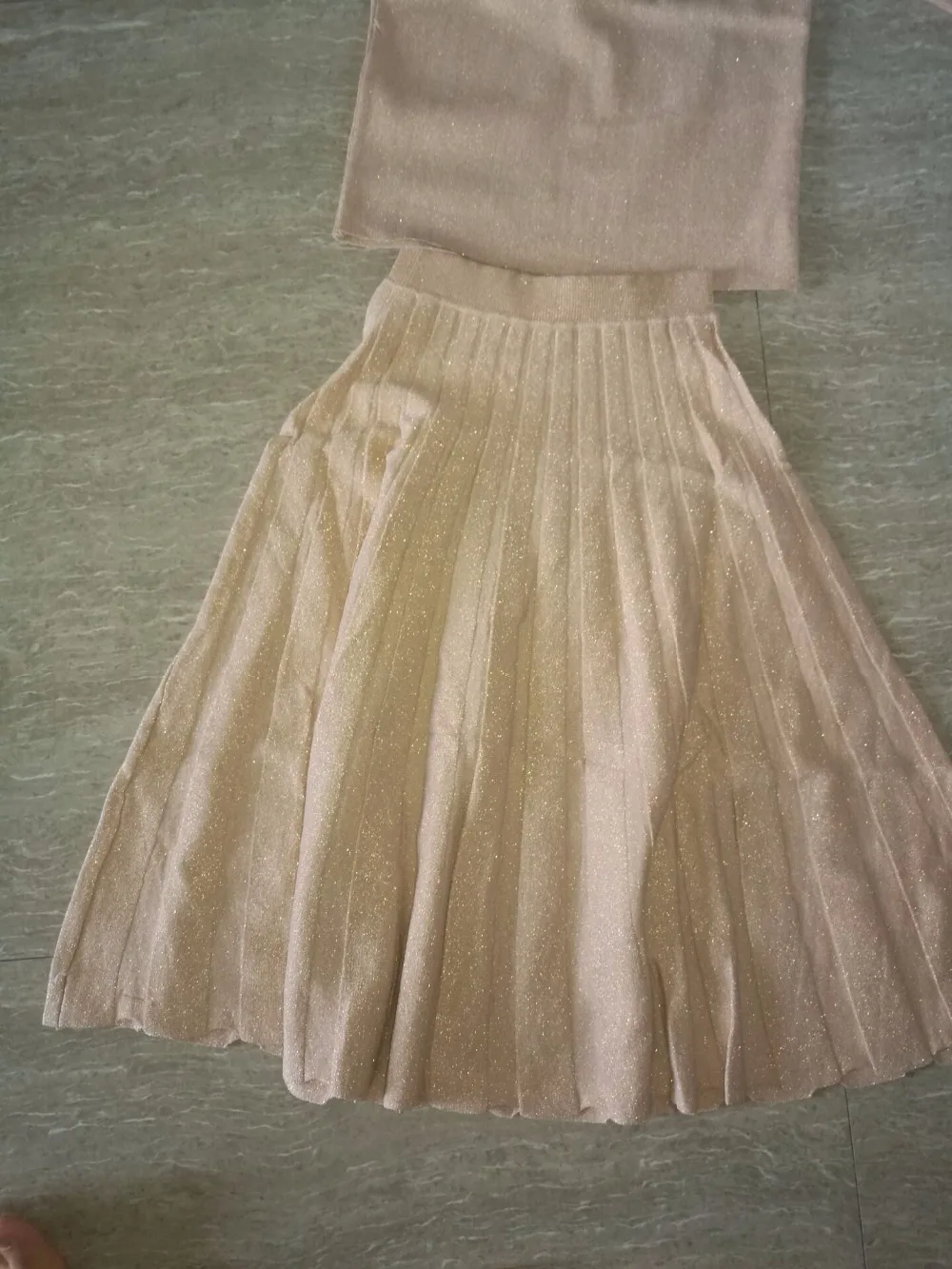 Gold Lurex knitted shirt + skirt high waist pleated big new spring / autumn women's suit fashion Bling 2-piece | Женская одежда