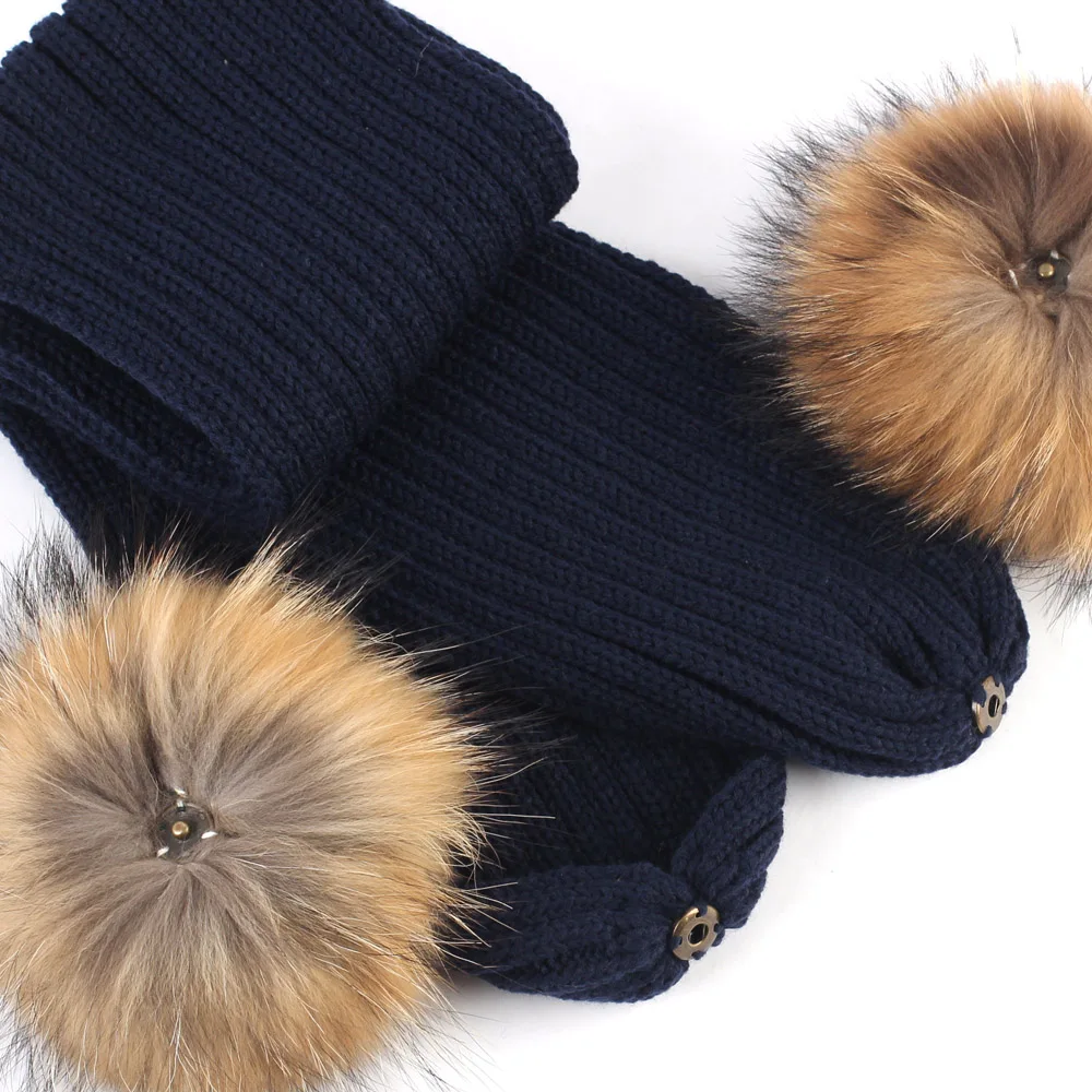 Geebro Kids Knitted Scarf With Double Raccoon Fur Pompom Boys and Girls Cashmere Plain Shawl Wrap Winter Warm Accessories DQ867
