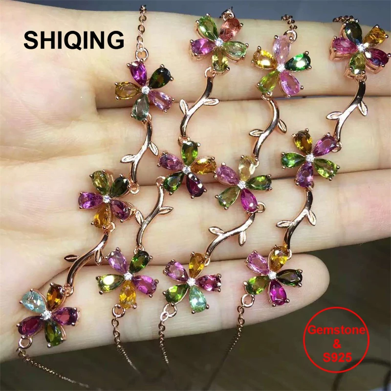 SHIQING Rainbow gemstone tourmaline rose gold white color 925 sterling silver fashion flower charming bracelet for gift | Украшения и