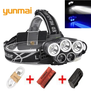 Налобный фонарь XML T6 + 2Q5, 5 светодиодный одов, 15000 люмен, белый + синий светильник