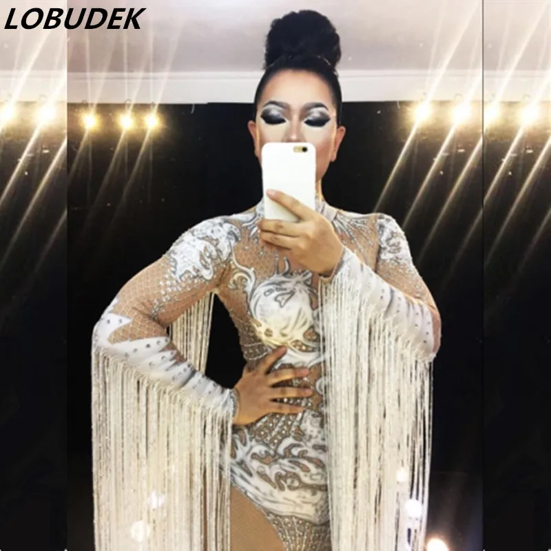 white bodysuit only Женский комбинезон, боди, сексуальные яркие кристаллы, рыбья чешуя, блестки, камни для певицы, танцора, ночного клуба, оленя, вечерние костюмы - Цвет: white bodysuit only