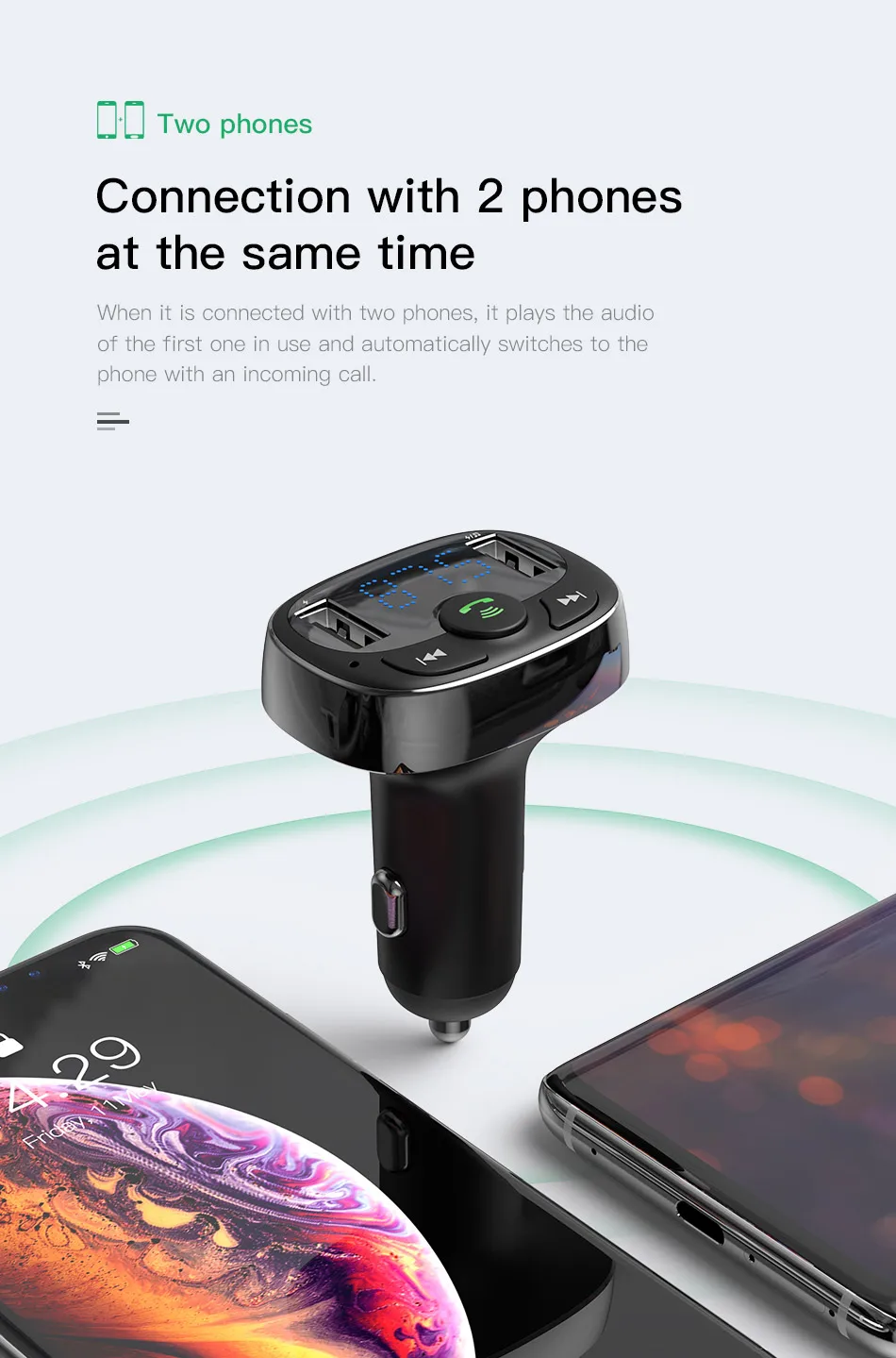 Baseus Dual USB Автомобильное зарядное устройство с fm-передатчиком Bluetooth Handsfree FM модулятор зарядное устройство для телефона в автомобиле для iPhone Xiaomi HUAWEI