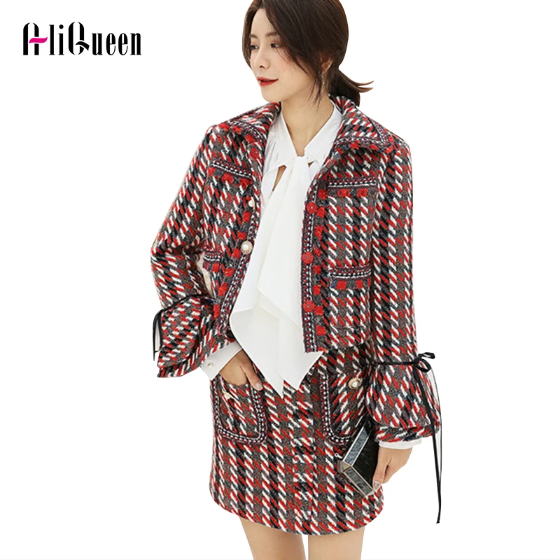 2019 зимний твидовый костюм с юбкой женский из двух частей подиум расклешенными