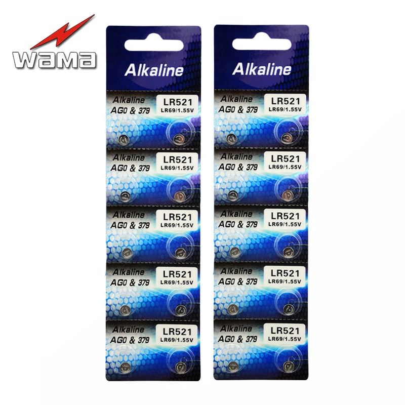 

20pcs/2pack Wama AG0 Alkaline 1.5V Button Cell Battery LR521 LR63 SR521SW Watch Toys Camera Batteries Drop Ship