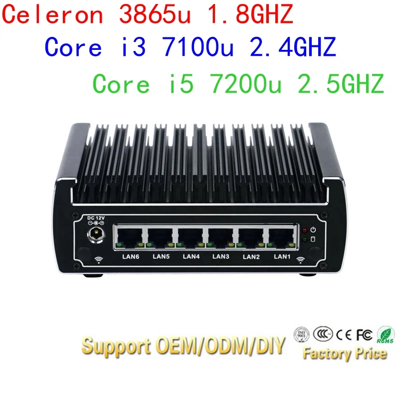 New Intel Celeron 3865U Fanless Mini PC Windows7/8/10 6 Gigabit LAN NICS VGA PFsense Router Firewall Micro Computer i3 7100U