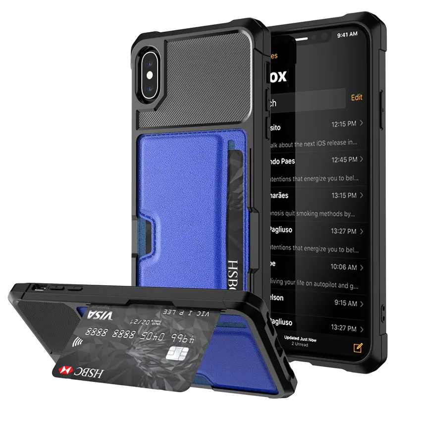 Роскошные кожаные карты бумажник чехол для iPhone Xs Max плюс Xr X 8 7 6 Plus стенд Гибридный Силиконовый Бампер Тонкий мягкая задняя крышка - Цвет: Blue