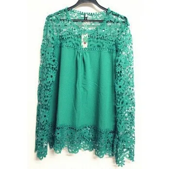 Летняя мода 2015 шифоновая кружевная блузка с длинным рукавом вязанные крючком