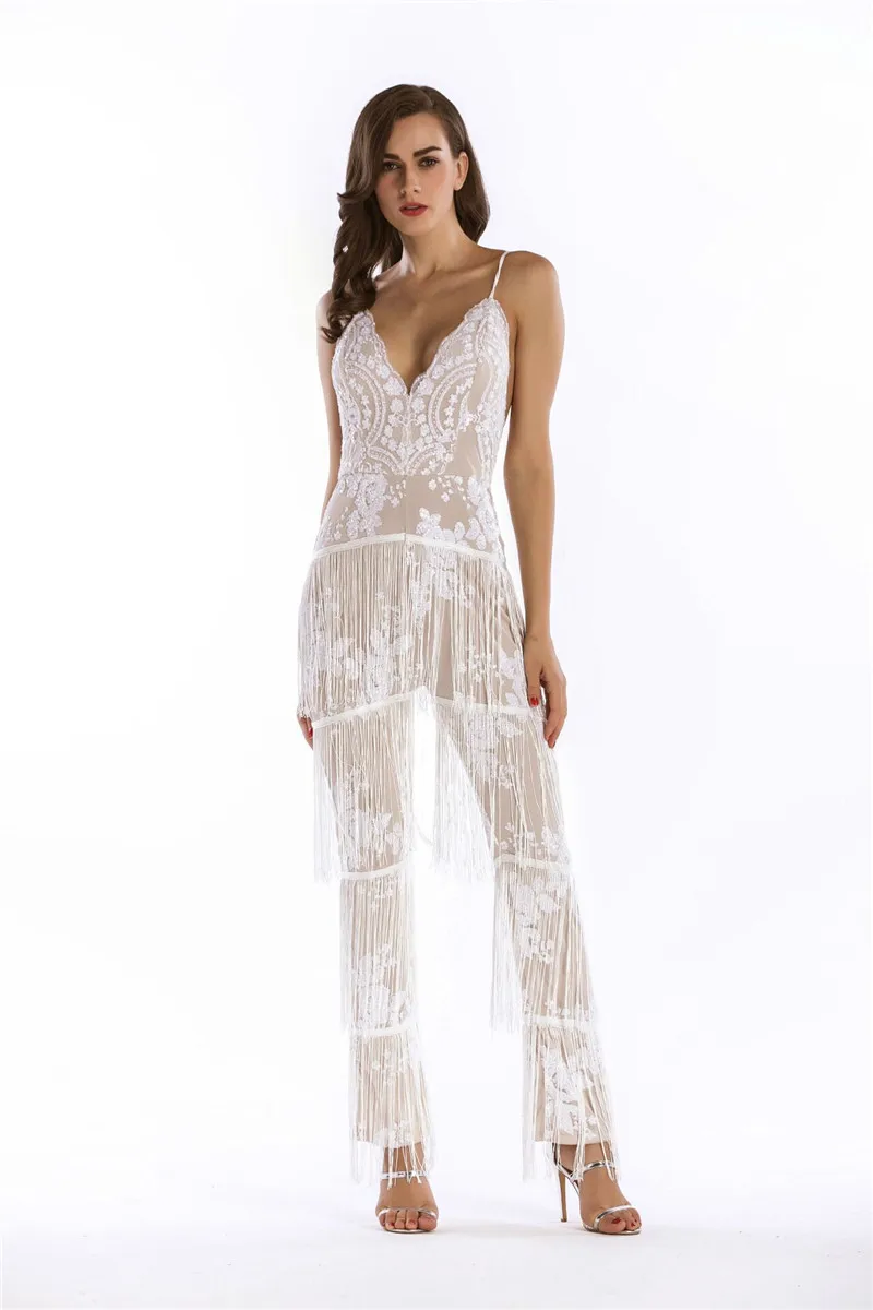 

New White Apricot Fashion Women Rompers Strapless Tassel V-Neck Backless Bodycon Women's Jumpsuits Night Club Party Jumpsuits