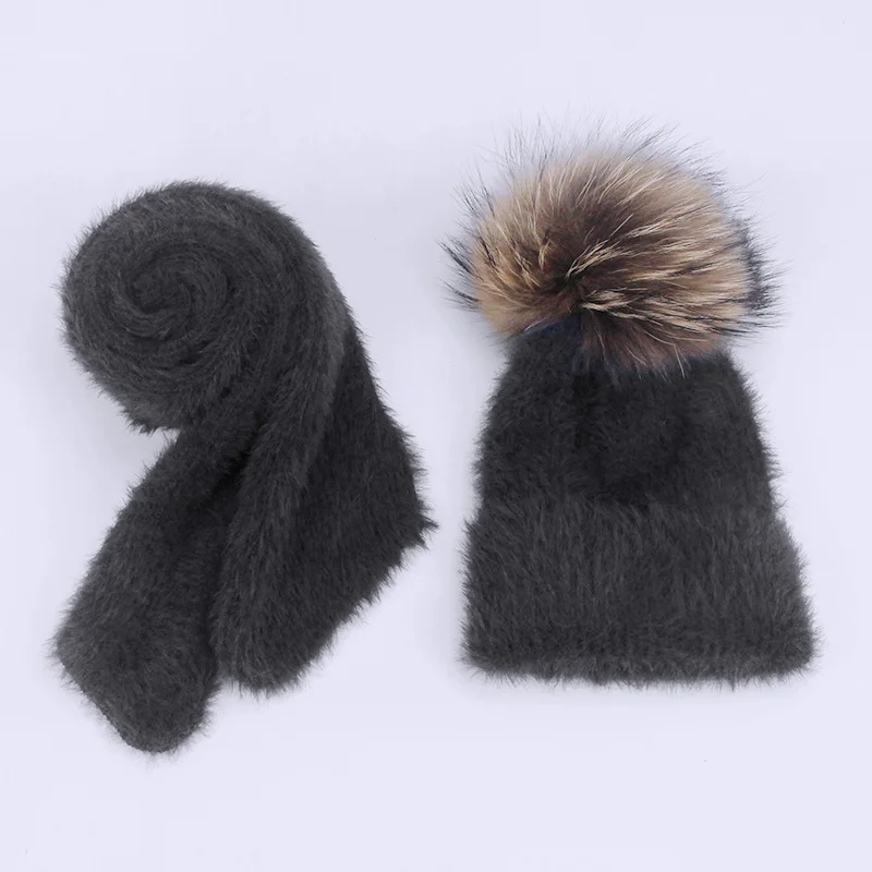 Hat Black Зимняя шапка из кроличьего меха и шарф, набор для женщин и девушек, женская зимняя вязаная шапка, Повседневная однотонная шапка с натуральным меховым помпоном - Цвет: Hat Black