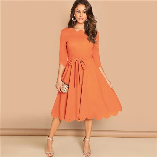 Orange Sheinside, элегантное облегающее платье с зубчатыми краями, женское Бордовое платье с рукавом 3/4, однотонные платья-карандаш, женские вечерние платья, ночные дамы миди платье - Цвет: Orange
