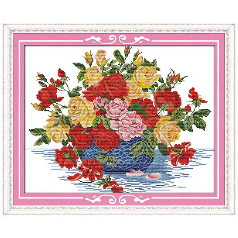 Роза в синей вазе вышивка крестиком 11CT 14CT Набор для вышивки оптовая продажа | Дом