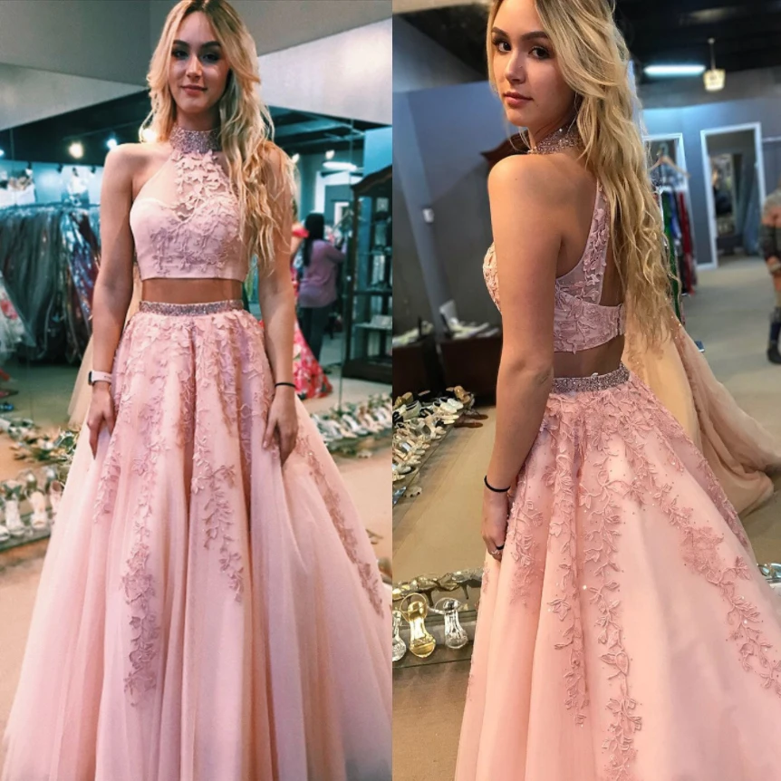 Розовое платье для выпускного вечера из двух частей, длинные платья vestidos de fiesta largos elegantes de gala, кружевные вечерние платья из тюля