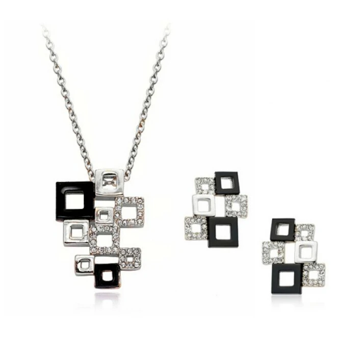 OMH wholesale 18 KT white gold Austrian crystals quartet puzzle Jewelry sets Silver black Necklace+Earrings TZ160 | Украшения и