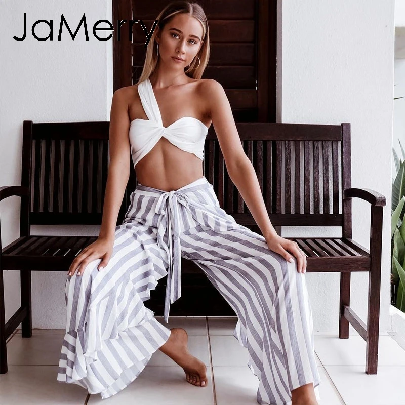 JaMerry Boho Сексуальная полоса широкие брюки для женщин Нижняя Sash ruffle штаны с