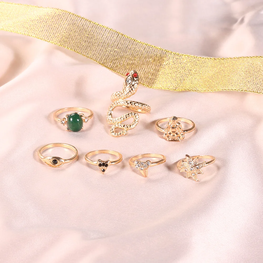 7 шт./компл. Винтаж Будда рука цветок сердце змея золотистое кольцо с цирконием