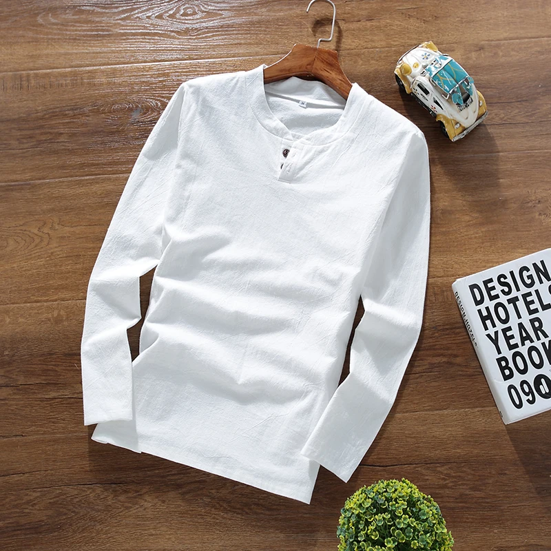 Мужская хлопковая и льняная футболка с длинным рукавом модная повседневная