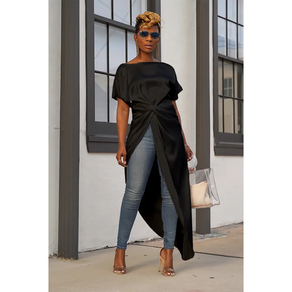 Solid Fashion Irregular Women Tshirt Office Lady Slash Neck Tee Shirt Femme Short Sleeve Summer Tunic Tops