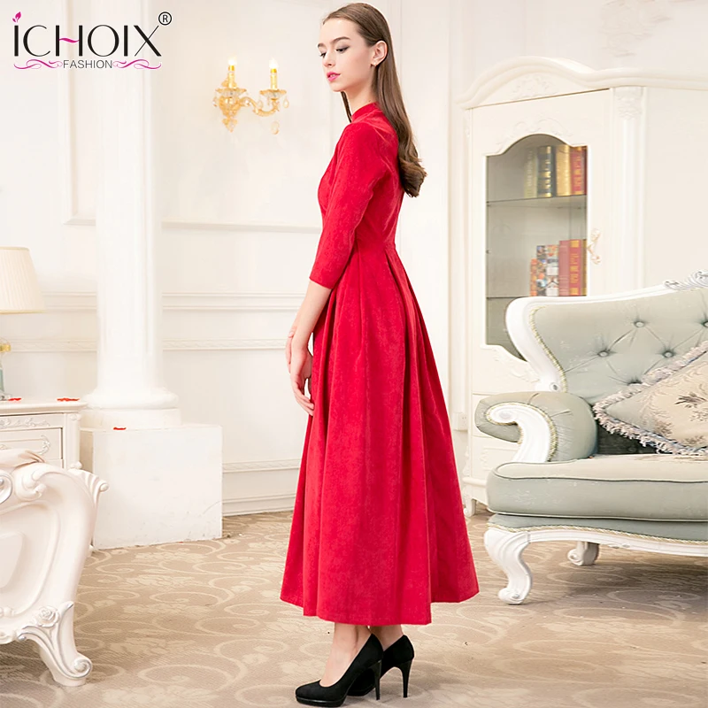 2017 осень-зима с круглым вырезом Элегантные Винтаж макси длинные платья