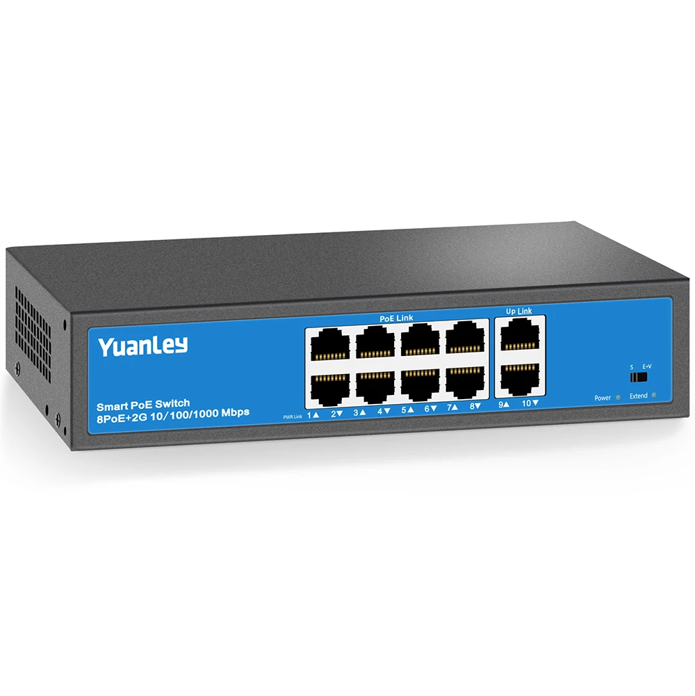 Коммутатор YuanLey с 8 портами PoE, 2 канала связи Gigabit, PoE Plus 802.3af/at, встроенная мощность 120 Вт, Vlan до 250 м, металлический разъем Plug& Play Networ