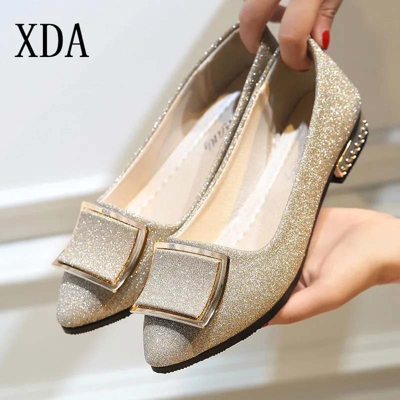 

XDA Women Flats Cool Golden Buckle Flat Shoes Women Loafers Ballet Bling Black single Shoes Casual square head single shoes D41