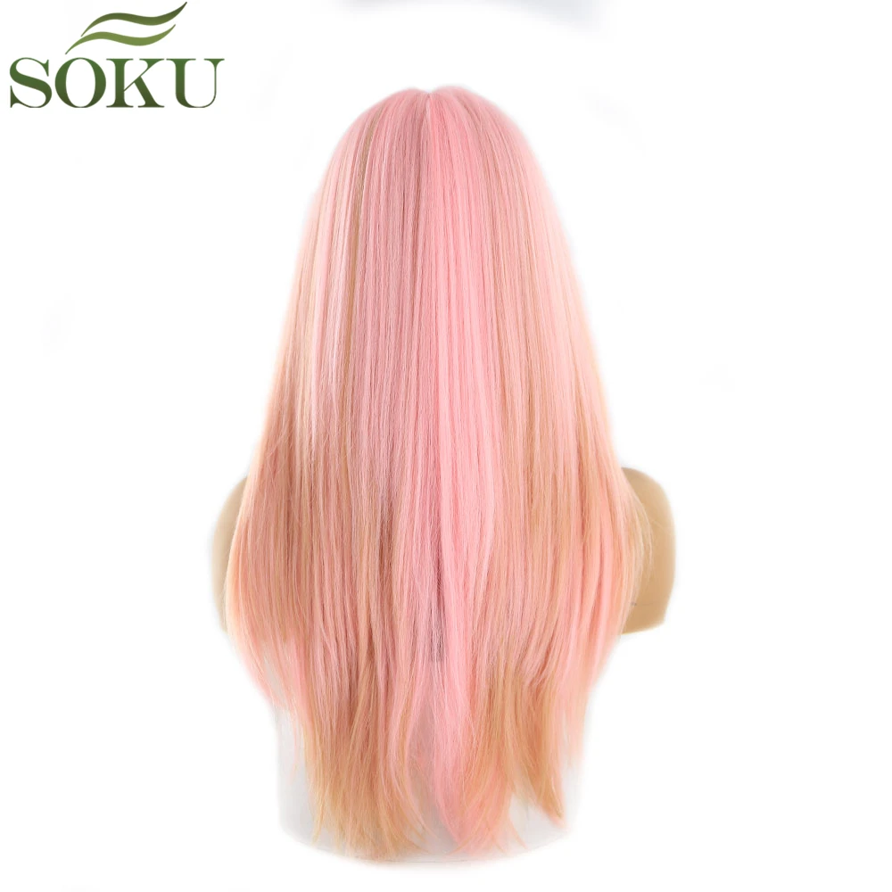 SOKU Pink Color Synthetic Lace Front Wigs For Black Women Middle Part Wig 130% Density Glueless High Temperature Fiber Wigs