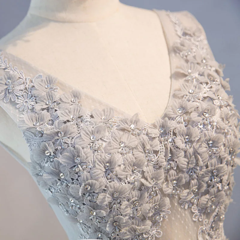 Серый v-образным вырезом Бисероплетение Кружева Vestidos De Festa цветы трапециевидной