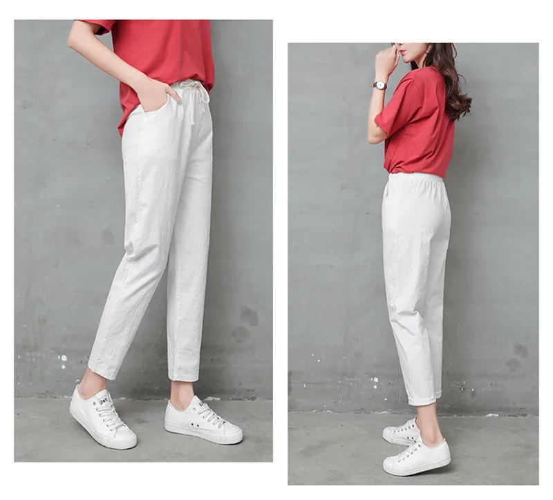 Pantalon Femme, хлопковые и льняные брюки, женские летние штаны-шаровары на шнуровке, потертые тонкие повседневные женские штаны, женские спортивные штаны C4342